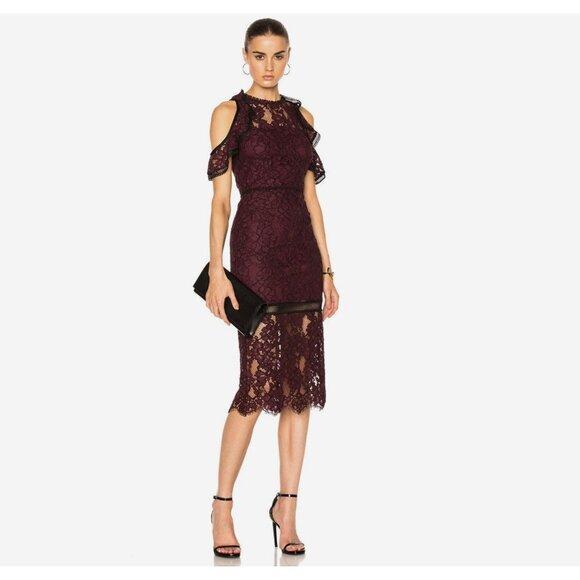 Alexis Evie Lace Sheath Midi Dress Cold Shoulder Burgundy Wine Medium - Picture 1 of 16